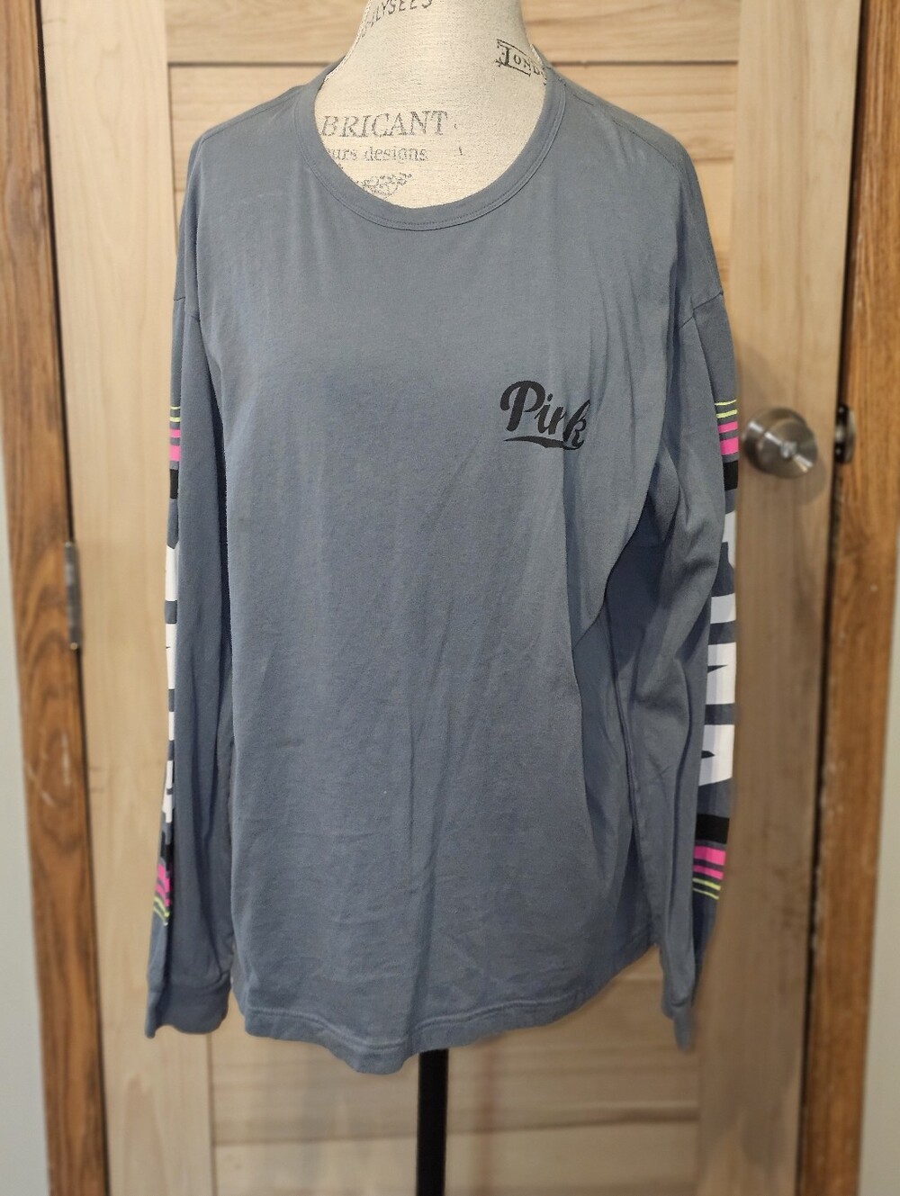 PINK Victoria's Secret Gray Long Sleeve Tee with Stripe Detail